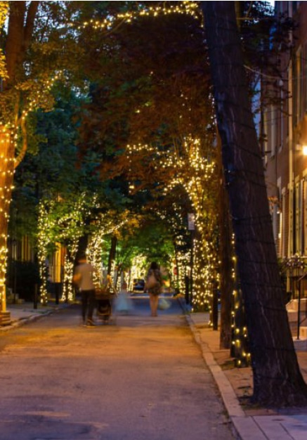 Street with fairy lights at night